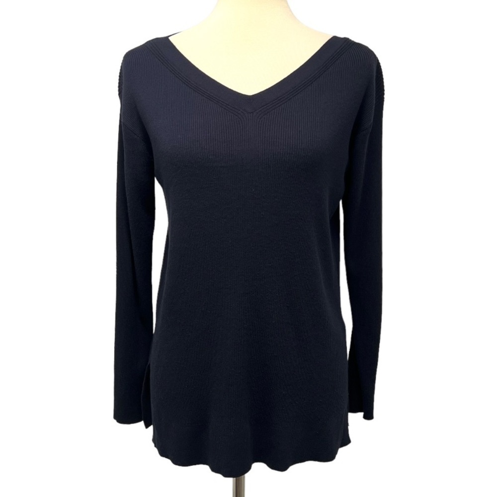 Lafayette 148 Black Ribbed V Neck Pullover Top Ladies Medium